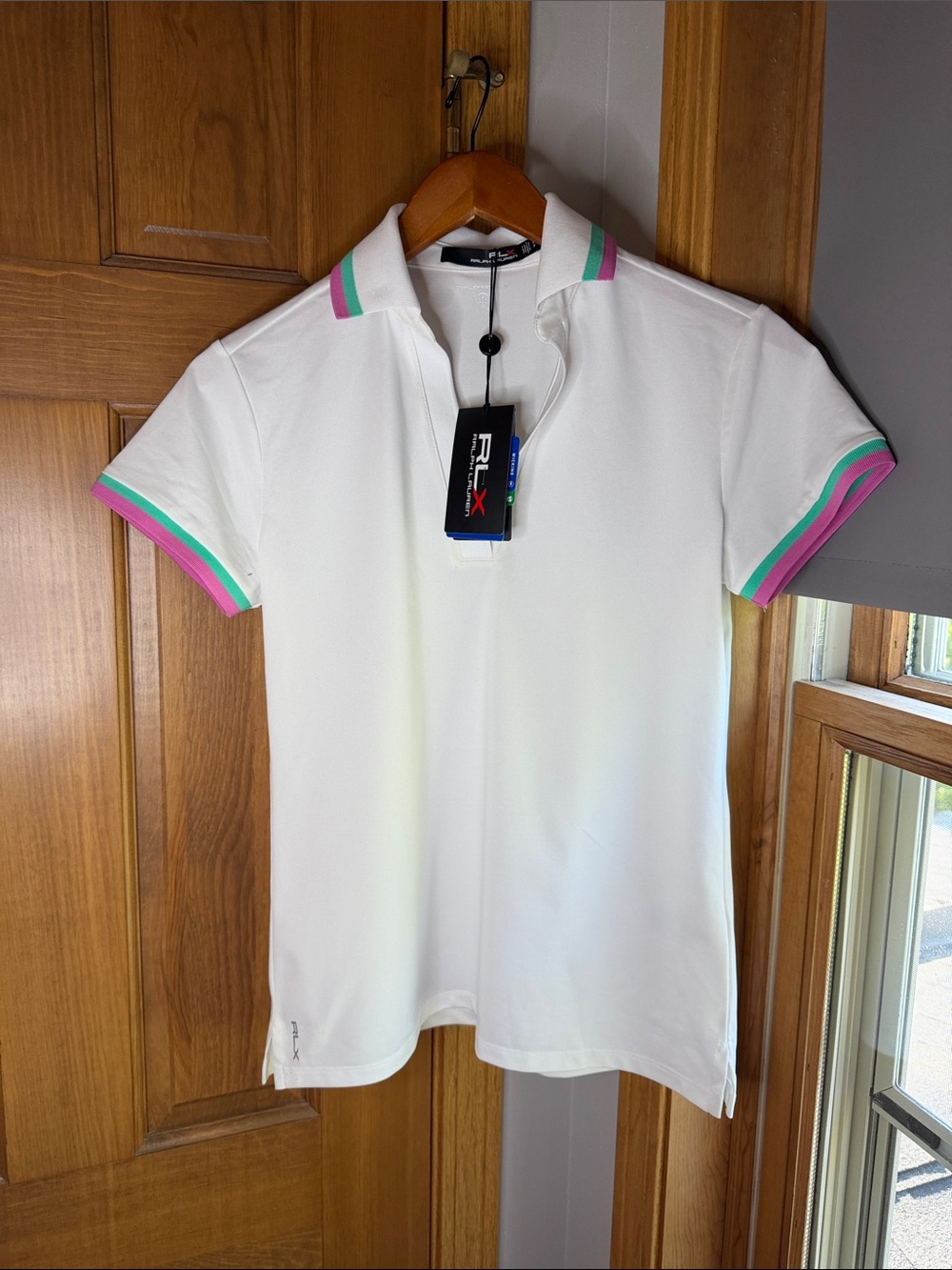 RLX Ralph Lauren White Polo with Pink & Mint Trim Women’s Small NWT